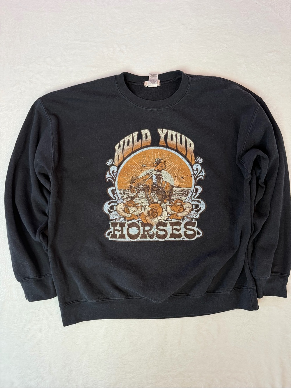 Hold Your Horses Western Cowboy Graphic Sweatshirt Oversized Boho Ranch L XL